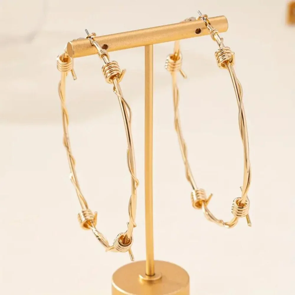 14K Gold Womens Large Barbed Wire Spiked Hoop Earrings 14 Karat Silver Jewelry